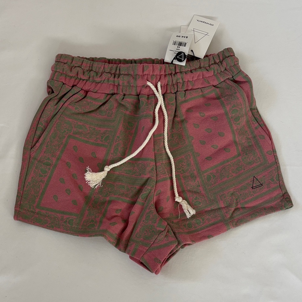 Eleven Paris Geometric Pink and Olive Athletic Shorts